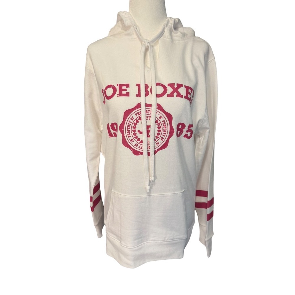 Joe Boxer Womens White Pink Graphic Hoodie Varsity Stripe Pullover Medium